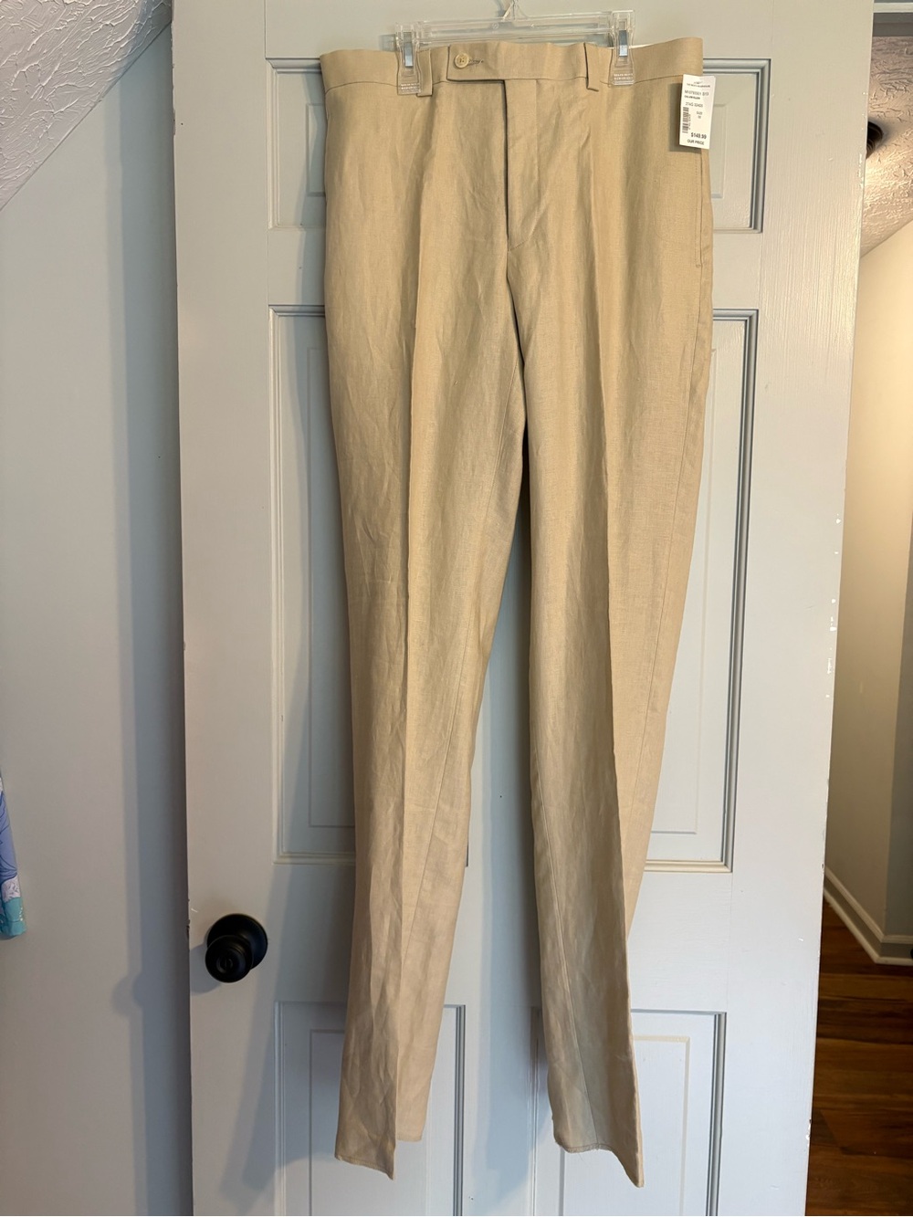 NEW Calvin Klein Size 32 Light Khaki 100% Linen Flat Front Pants Unhemmed